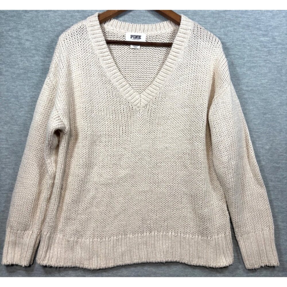 Victorias Secret‎ PINK Beige V Neck Knit Sweater L Casual Pullover